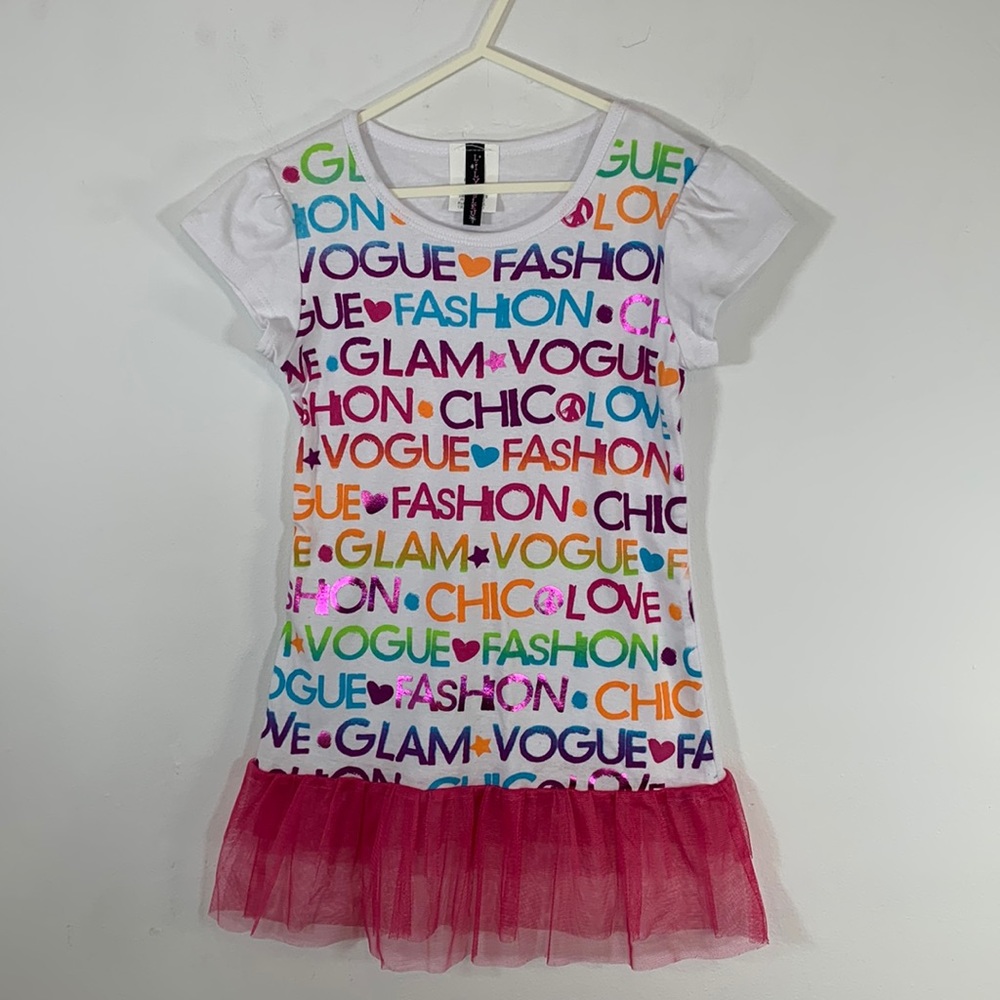 Lily Bleu Girls M (10-12) White Graphic Pink Tulle Pullover 100% Cotton Dress
